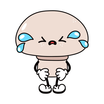 Cute funny crying sad mushroom character. Vector hand drawn traditional cartoon vintage, retro, kawaii character illustration icon. Isolated on white background. Cry mushroom character concept