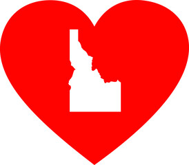 White Map of US federal state of Idaho inside red heart shape