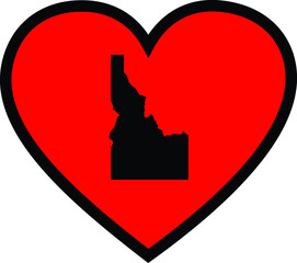 Black Map of US federal state of Idaho inside red heart shape with black stroke