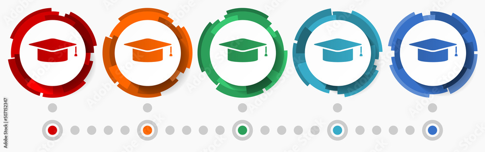 Poster Graduation, education concept vector icon set,  modern design abstract web buttons in 5 color options, infographic template for webdesign and mobile apps