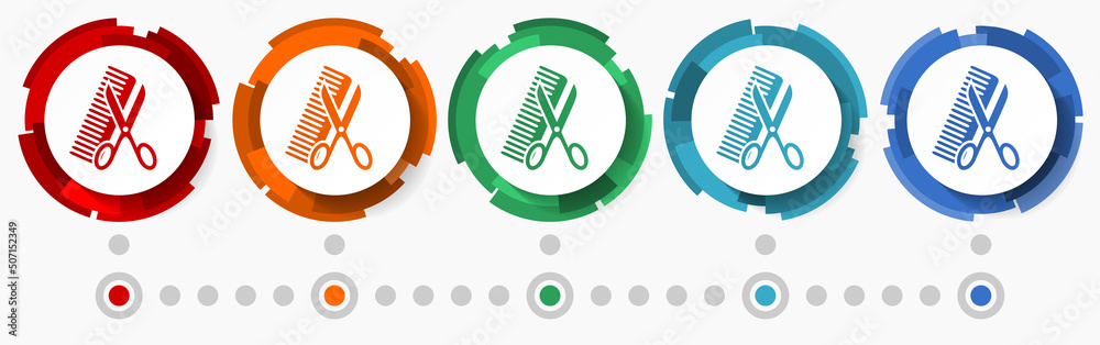 Poster Haircut, barber concept vector icon set, modern design abstract web buttons in 5 color options, infographic template for webdesign and mobile apps