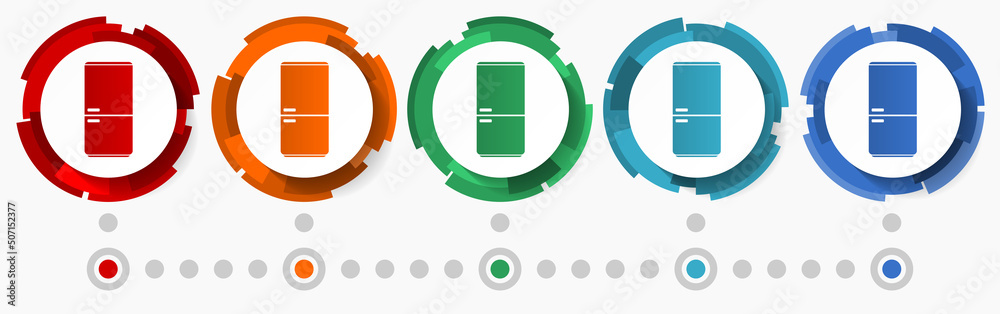 Poster Fridge, refrigerator concept vector icon set, modern design abstract web buttons in 5 color options, infographic template for webdesign and mobile apps