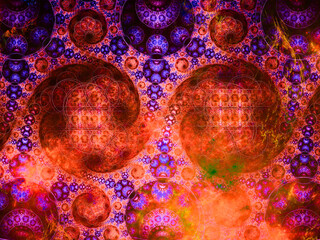 Creación de arte fantástico digital compuesto de círculos de diferentes tamaños ordenados de forma decreciente sobre un fondo oscuro en un todo con aspecto de ser la danza armónica de cuerpos celestia © Pedroml