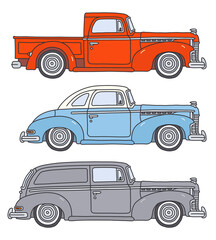 The vectorized hand drawing of three retro american cars