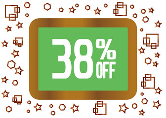 Wooden blackboard with 38% off. Discount banner for promotions with geometric shapes.