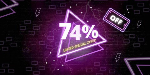74% off limited special offer. Banner with seventy four percent discount on a black background with purple triangles neon