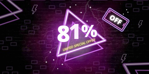 81% off limited special offer. Banner with eighty one percent discount on a black background with purple triangles neon