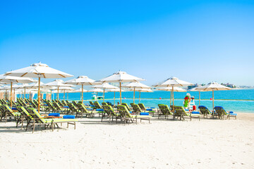 Sandy beach in luxury resort on Palm Jumeirah, Dubai