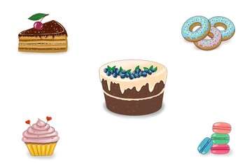 set of cakes and sweets