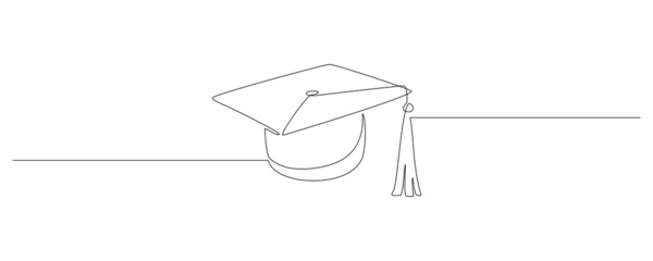 Fototapeta na wymiar One continuous line drawing of graduation hat. Studying graduate thin symbol in simple linear style. Concept of student of university and school. Editable stroke. Doodle vector illustration