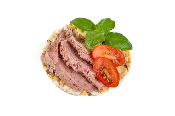 Liver pate sandwich, close-up, isolated on white background.