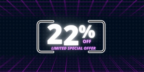 22% off limited special offer. Banner with twenty two percent discount on a  black background with white square and purple