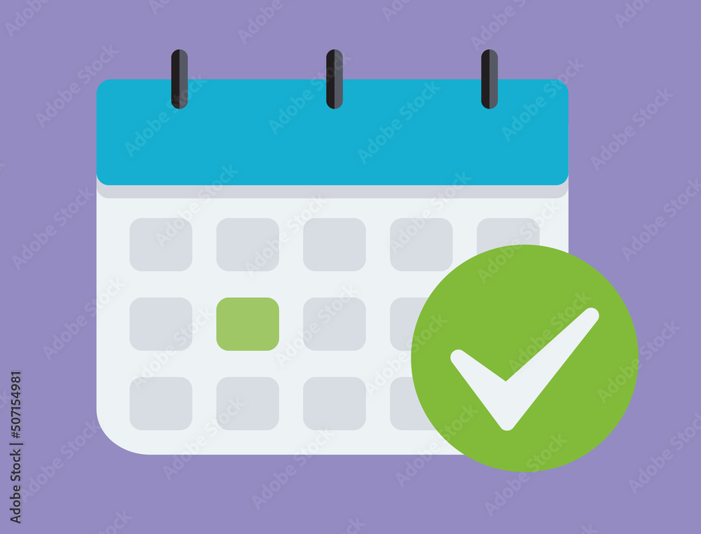Fototapete calendar with checkmark or tick notice icon vector. flat cartoon event reminder with check mark as a