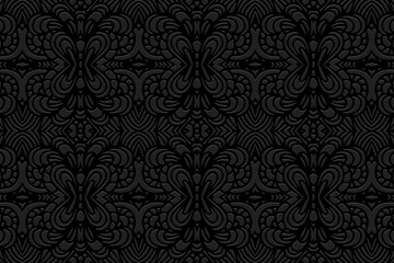 Embossed black background, openwork cover design. Geometric 3D pattern, ethnic texture in handmade and art deco style. Traditions of the East, Asia, India, Mexico, Aztecs, Peru.