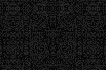 Embossed black background, trendy cover design. Geometric 3D pattern, ethnic texture in handmade and art deco style. Traditions of the East, Asia, India, Mexico, Aztecs, Peru.