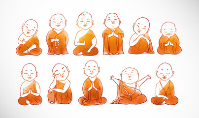 Little meditating buddhist monks in orange robes on white background.