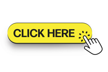 Yellow Click here button with hand pointer clicking icon bubble. Click here, with hand pointing icon in modern flat style design