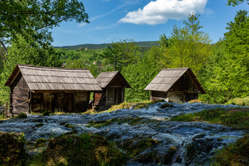 Historical wooden watermills near city Jajce, Bosnia and Herzegovina.