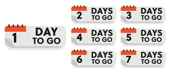 Countdown badges. Number of days left to go, from 1 to 7. Countdown left days, stylized counter in red and black colors