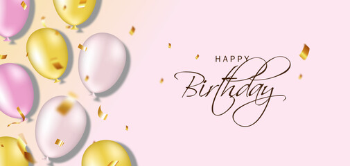 Celebrate birthday template. Happy Birthday poster and banner template with realistic white, pink and gold balloons and golden confetti on pink background. Typography design for greeting card