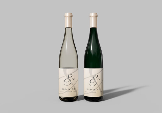 Front View of Two Wine Bottles Mockup