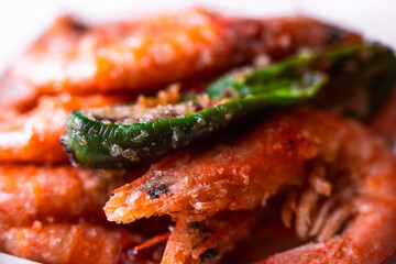 Fried king shrimps close-up, tasty, crispy, large, photo with shallow depth of field. Delicious food concept.