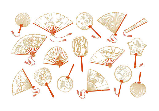 Chinese Asian Japanese Fan Vector Illustration Set