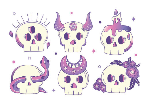 Cute Magic Skull Illustrations Clipart with Mystical Astrology Style