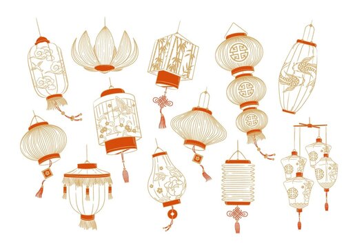 Chinese Japanese Asian Lantern Vector Illustrations Chinoiserie