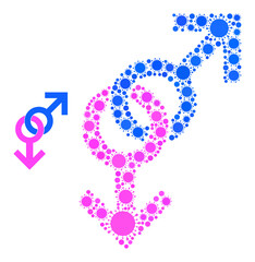 Gay pair sign mosaic icon. Vector mosaic is formed of random virus cell parts. Virus mosaic gay pair sign icon. Gay pair sign collage for epidemic images.