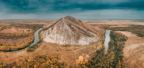 Aerial view of the popular attraction of Bashkortostan - Mount Shikhan, famous for its prehistoric...