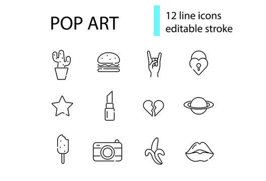 Pop art line icons set. Vintage 1960s design. Female lips, burger and cactus. Isolated vector stock illustration