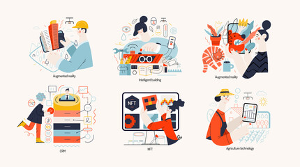 Technology Memphis illustrations -augmented reality, intelligent building, CRM - customer relationship management, NFT - non-fungible token, agriculture technology