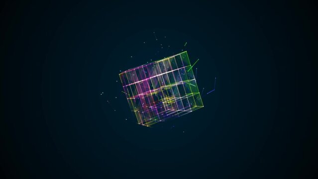 Architectural neon animated symbol of squares, rhombus, dots, particles. Texture maze. Rotating Rubik's cube. Rainbow glow. Energy field. Weightlessness. Background logo, technology, business. 4k.
