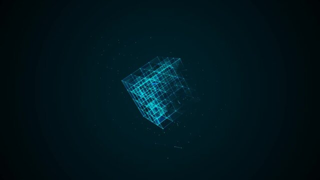 Architectural neon animated symbol of squares, rhombus, dots, particles. Texture maze. Rotating Rubik's cube. Blue glow. Energy field. Weightlessness. Background logo, technology, business. 4k.