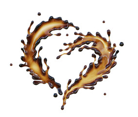 Heart shaped coffee splash, tea or hot chocolate, espresso splash on white background, 3d rendering.