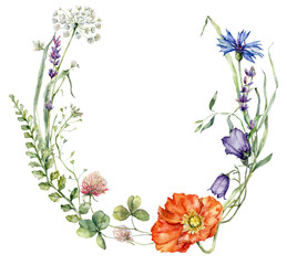 Watercolor meadow flowers wreath of poppy, clover, geranium, campanula and cornflower. Hand painted floral card of wildflowers isolated on white background. Illustration for design, print, background.