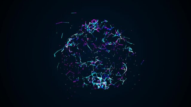 Glowing animated sphere symbol. Chaotic rotation of lines, particles, dots, glass fragments. Texture color circle plexus icon. Background logos, presentations, technology, science, medicine. 4k