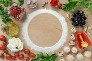set of ingredients for making homemade pizza. Fresh cherry tomatoes and mushrooms, dough flour, mozzarella, olive oil and herbs, top view, copy space for your text