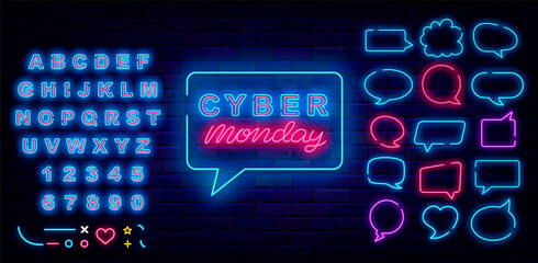 Cyber monday neon signboard. Special offer concept. Speech bubbles collection. Editable stroke. Vector illustration