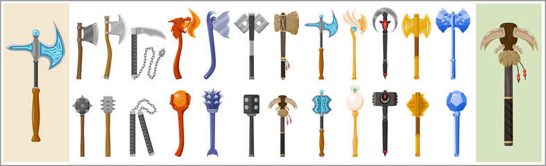 A collection of fantasy axe and mace weapon icons
