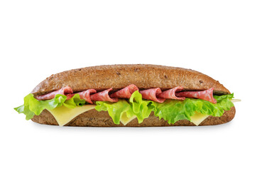 Rye sandwich with sausage, cheese and salad leaves on a white isolated background