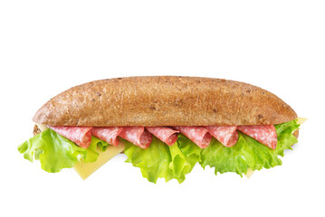 Rye sandwich with sausage, cheese and salad leaves on a white isolated background