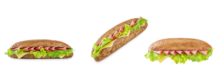 Rye sandwich with sausage, cheese and salad leaves on a white isolated background
