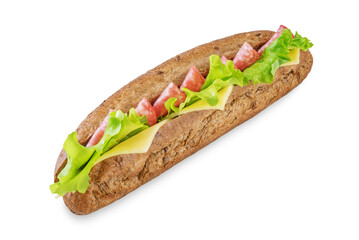 Rye sandwich with sausage, cheese and salad leaves on a white isolated background