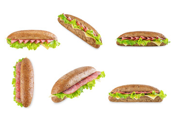 Rye sandwich with sausage, cheese and salad leaves on a white isolated background