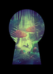 Silhouette of keyhole on black background and fantastic wonderland forest landscape with road, mushrooms, ferns and white rabbit.
illustration to the fairy tale