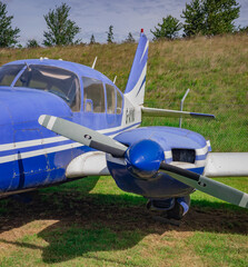 Norwich, Norfolk, UK &ndash; May 22 2022. Close up of a propeller on the wing of a small airplane