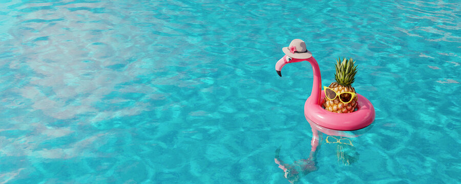 Pink flamingo inflatable swim ring and pineapple with sunglasses in turquoise blue water 3D Render 3D Illustration
