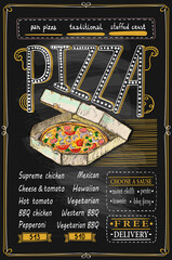 Pizza chalk menu with pizza in paper box